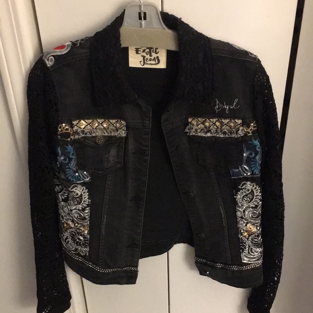 Desigual black denim embellished jacket